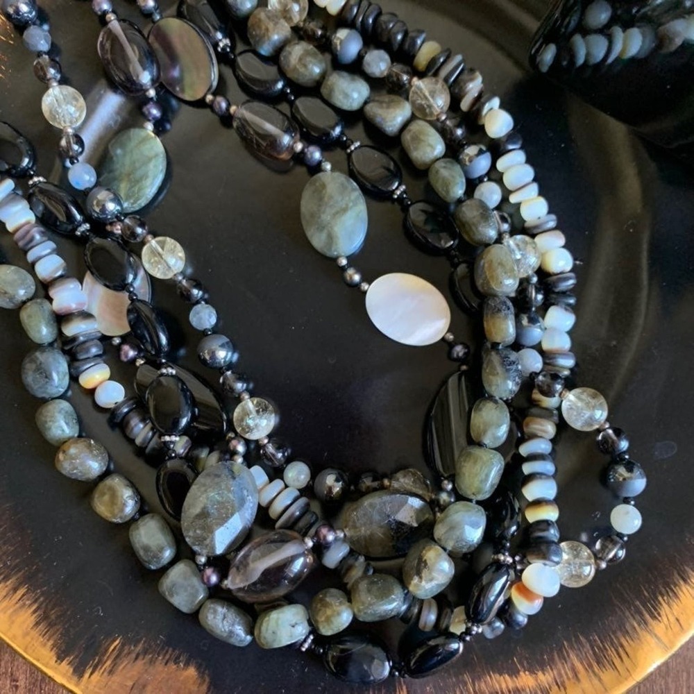 Genuine semi precious black & gray stones multi-layered 18"  Necklace - Picture 2 of 3